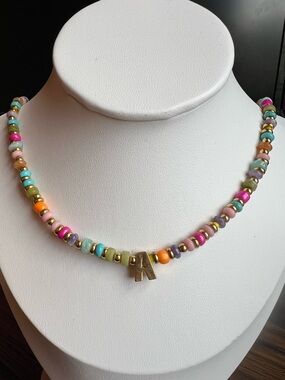 "A" Multi Semi Precious Gemstones Initial Necklace 24K Gold Plated NWOT